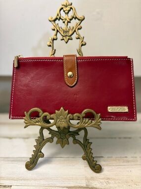 Red Leather Women's Wallet with Tan Snap Strap Card holder
